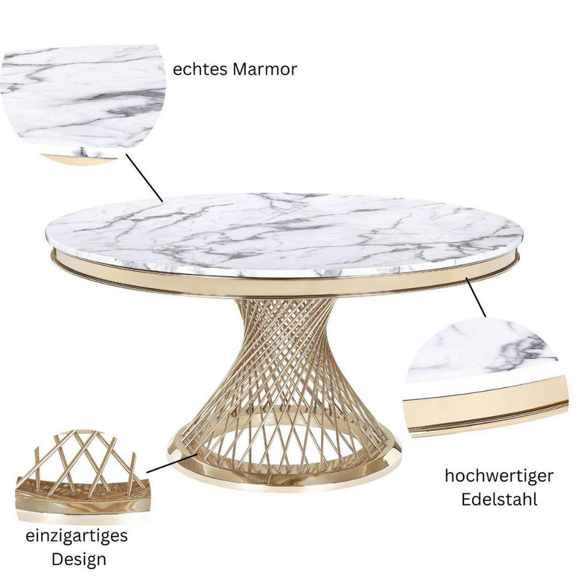 ESSTISCH echtes Marmor Weiß 130cm - Weiß, Stein (130/130/76cm) - alesvelt