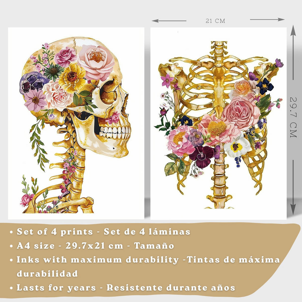 POSTER Set aus 4 Anatomie Mensch Drucke und Wandbilder mit Schädel Skelett Herz und Goldene Lungen Medizinische Wanddekoration Größe Weißer Rahmen A4 - Weiß, Papier (21/29.7/3cm) - Nacnic