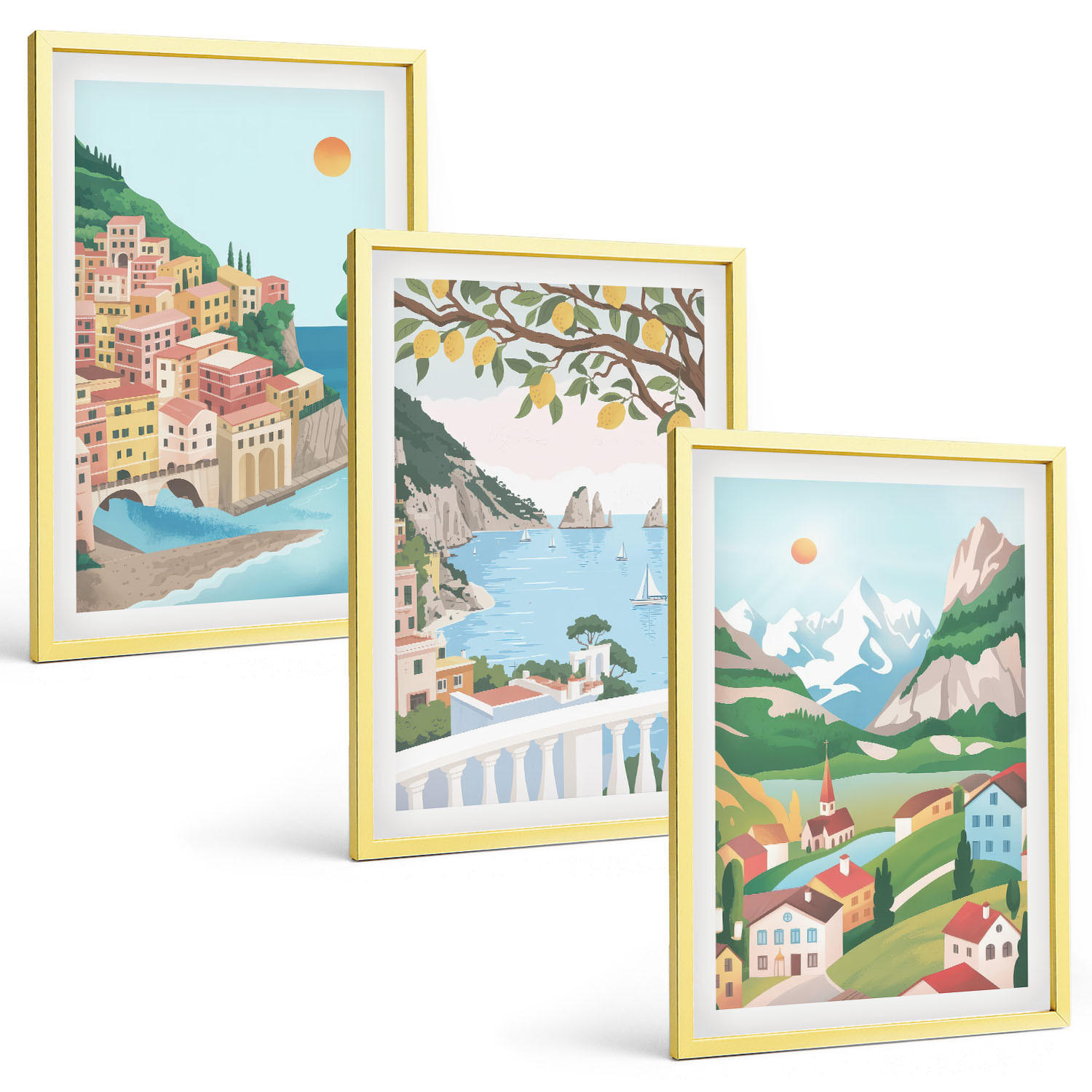 BILDER SET 3er Set - 40x60 cm Goldrahmen - Pastellfarbene Küstenansichten - Goldfarben, Kunststoff (40/60cm) - TULUP