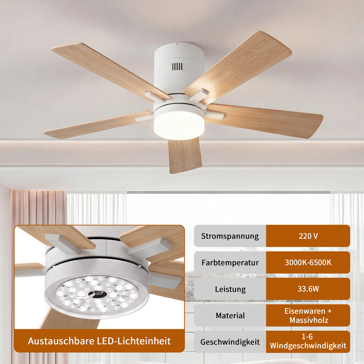 STROPNI ventilator z LED lučko, 106,6 cm, 5 lesenih lopatic, 6 hitrosti in časovnik - naravne barve, kovina (106.6/106.6/28cm) - EuroLiving