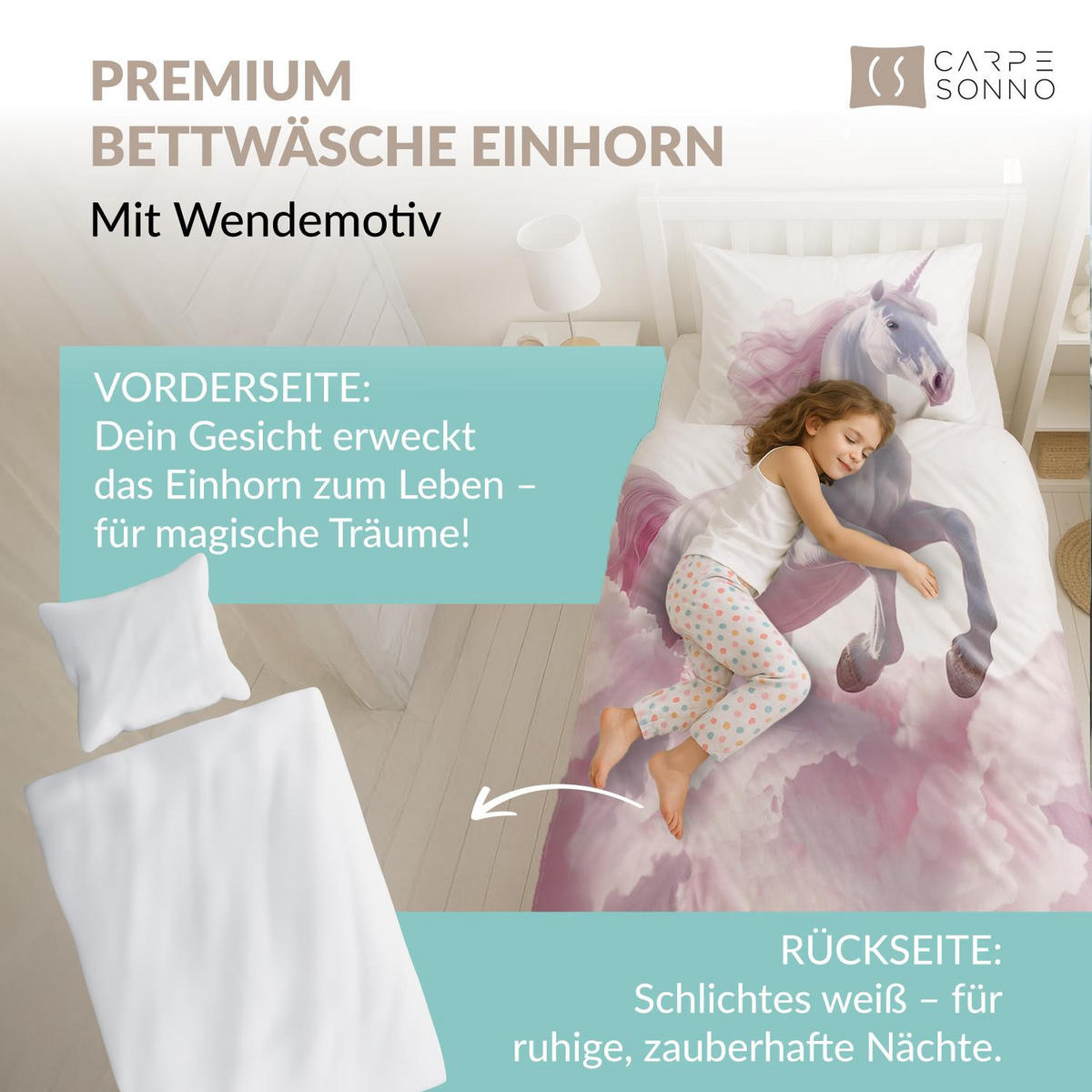 KINDERBETTWÄSCHE 135x200 Einhorn aus 100% Baumwolle - Dein Gesicht vervollständigt das Design der Kinder Bettwäsche - Weiß, Textil (135/200cm) - Carpe Sonno