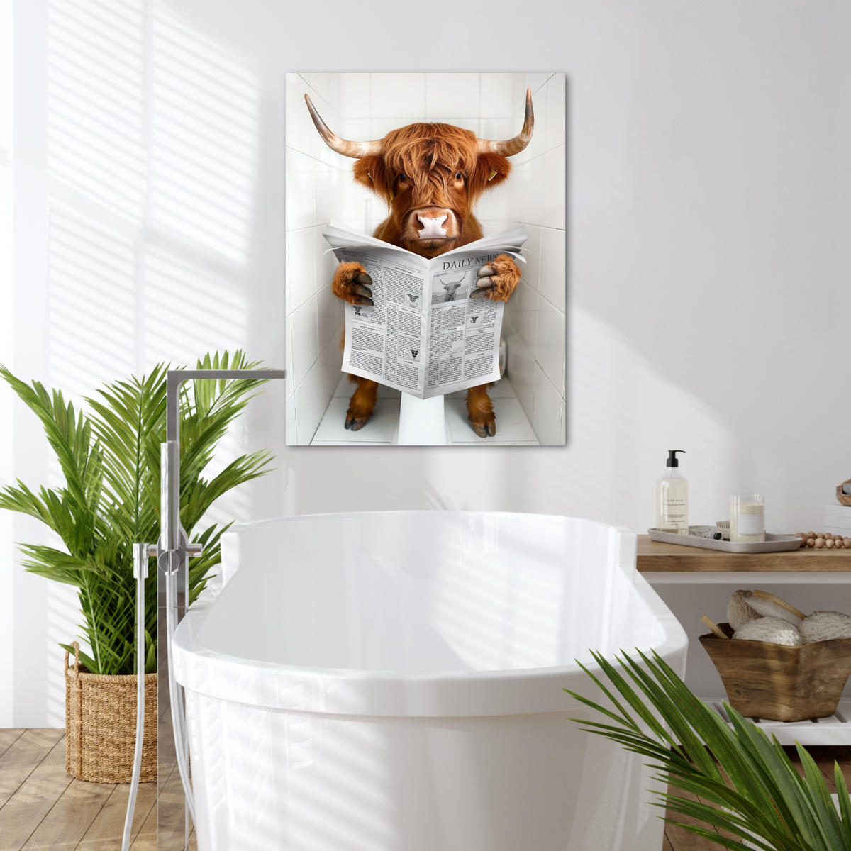 LEINWANDBILD Schottischer Highlander - Tier - Zeitung - Toilette 50x70 cm - Kastanienfarben, Textil (50/70cm) - MuchoWow