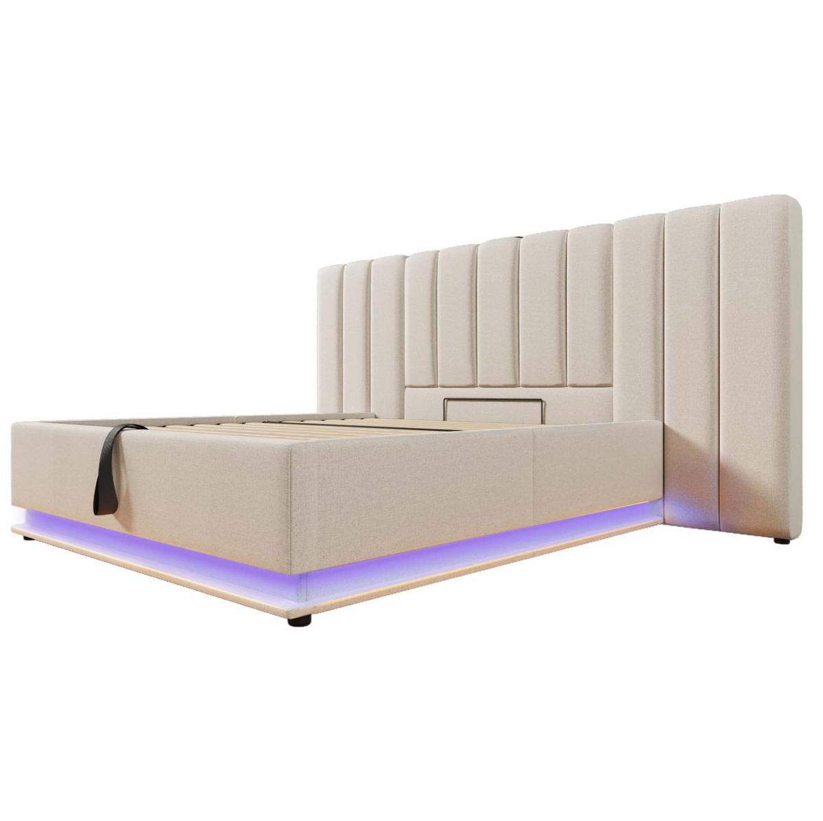 BETT mit Stauraum und LED 160x200 cm Leinen Beige - Beige, Metall (160/200cm) - Meubliv