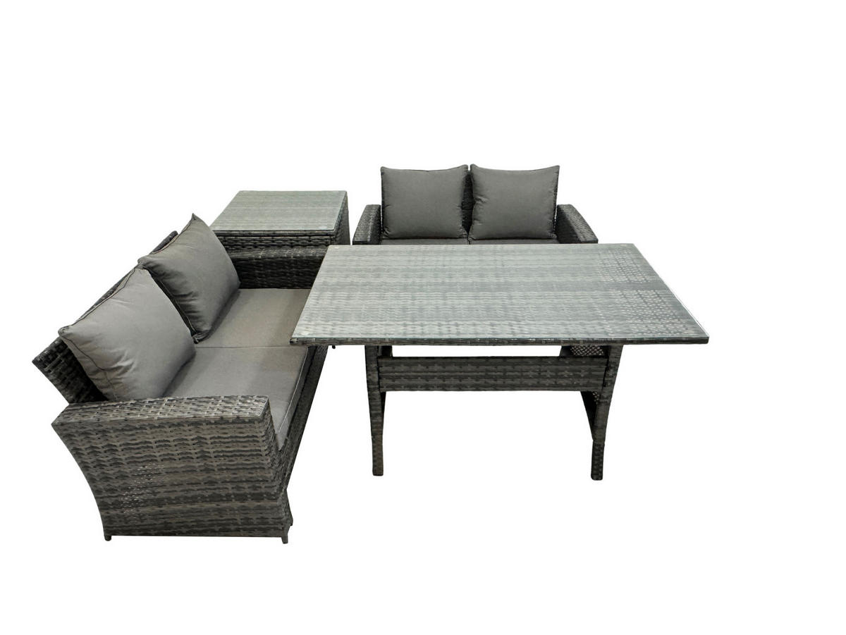 GARTENMÖBELSET mit 2-Sitzer Sofa,Esstisch,Hocker Polyrattan Dunkelgrau 4-Sitzer - Dunkelgrau/Grau, Glas/Kunststoff - Fimous