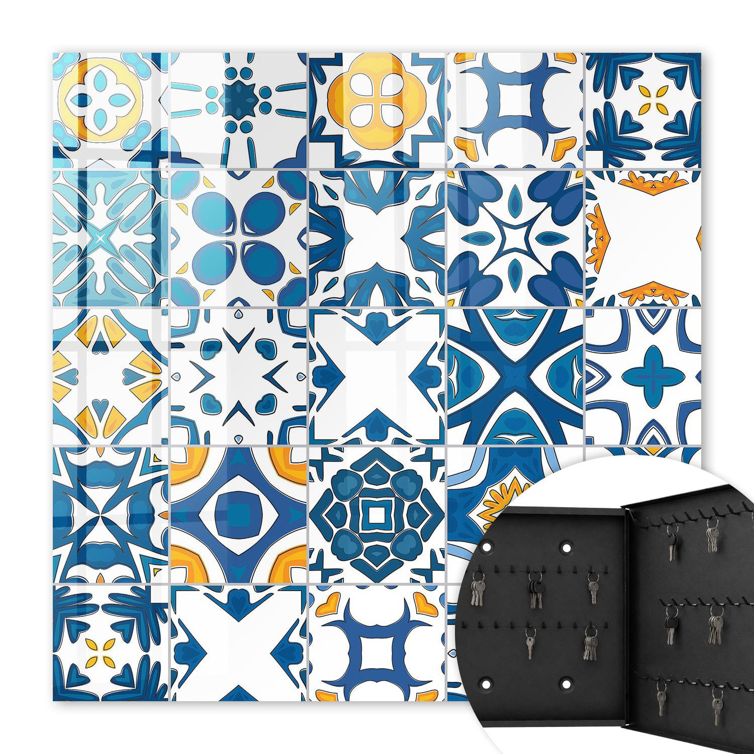 SCHLÜSSELBOX Schwarz 30x30 cm- Türöffnung nach rechts - Geometrische Muster - Blau, Metall (30/30/5cm) - TULUP