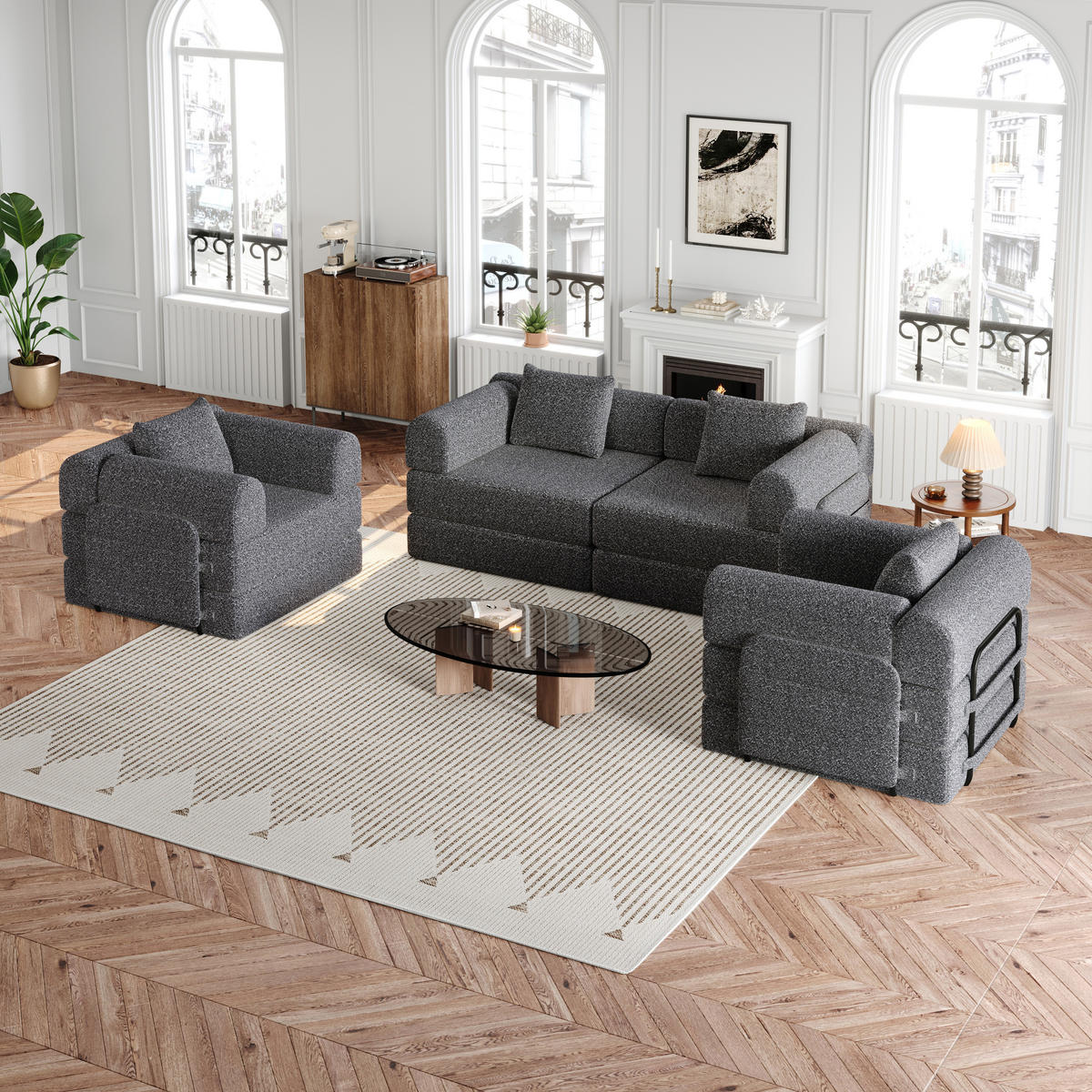 SCHLAFSOFA, Chenille 2-in-1 mit Armlehnen-Staufach & Stahlrahmen, 91,4/183,8/69,8 cm, Grau - Grau, Textil (91.4/69.8/183.8cm) - Redom