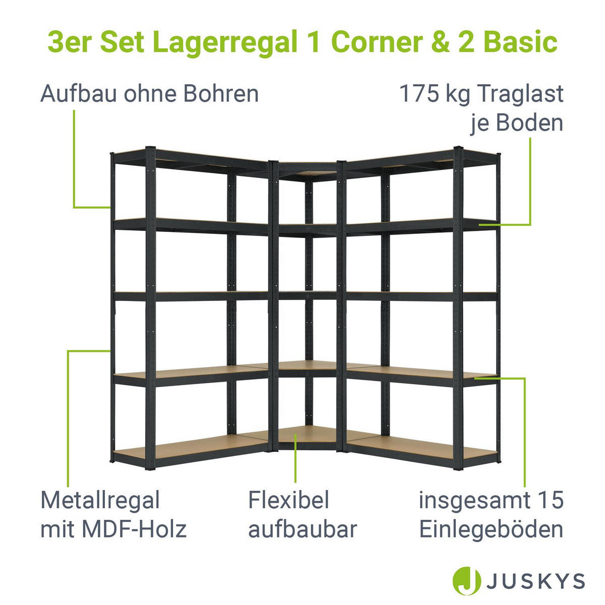 REGALSYSTEM Basic grau insgesamt 15 Böden (3er-Set) - Grau, Metall (160/180/160cm) - Juskys