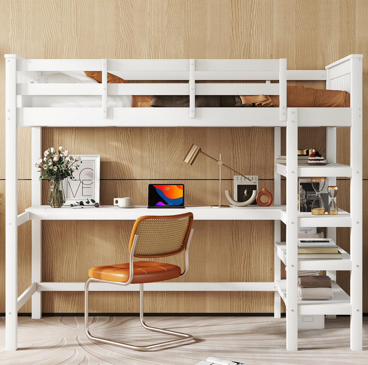 HOCHBETT 90/200 cm mit Schreibtisch, Ablagefächern und Regalleiter aus Kiefer /MDF, Weiß - Weiß, Holzwerkstoff (90/200cm) - Redom
