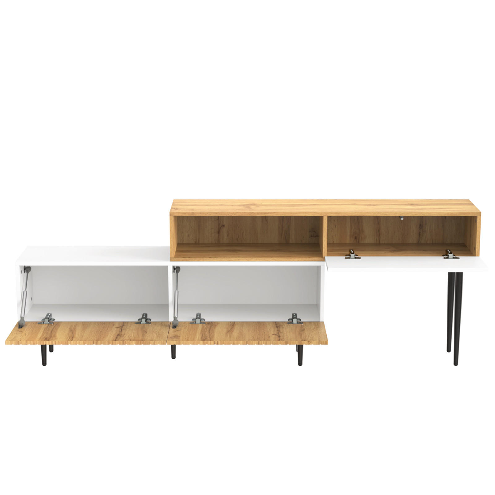 TV Lowboard verstellbar, 2-teilig, Metallfüße, Holz Weiß - Braun, Holz (220/63/28cm)