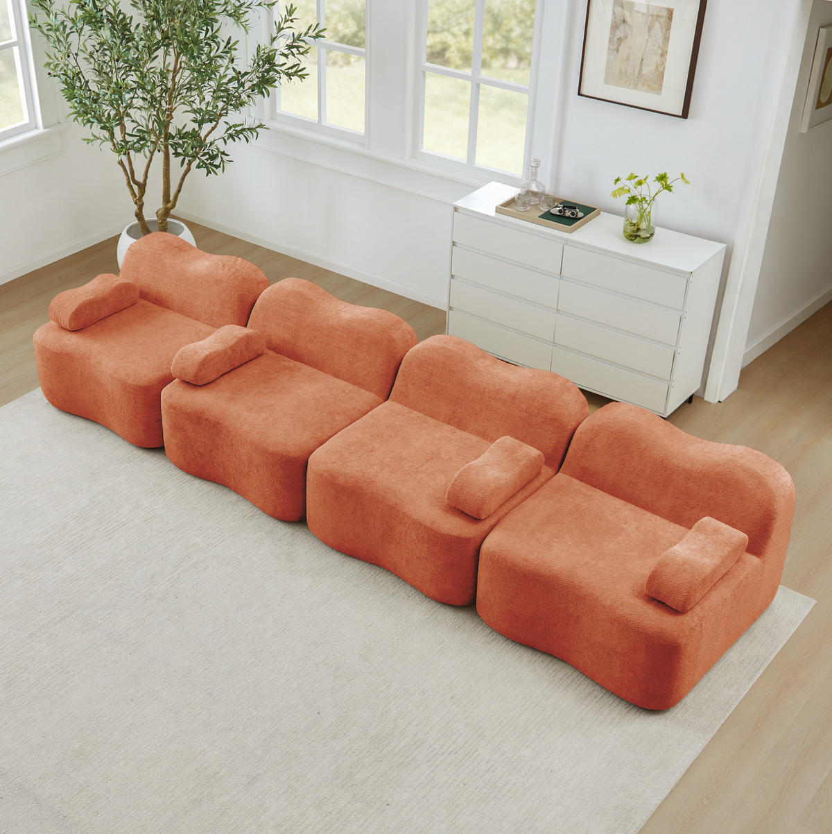 SOFA in Orange aus Samt mit Wellenform und tiefem Sitzkomfort - Orange, Textil (98/70/384cm) - Flora Grace
