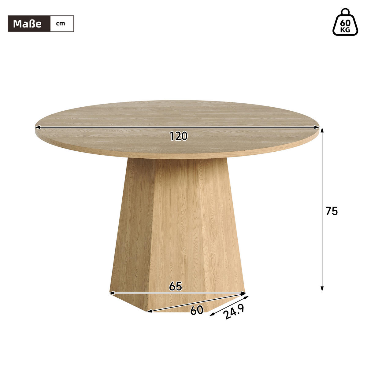 RUNDER Esstisch aus MDF, Ø 120/75 cm, Eichenoptik - Eichefarben, Holzwerkstoff (120/120/75cm) - Redom
