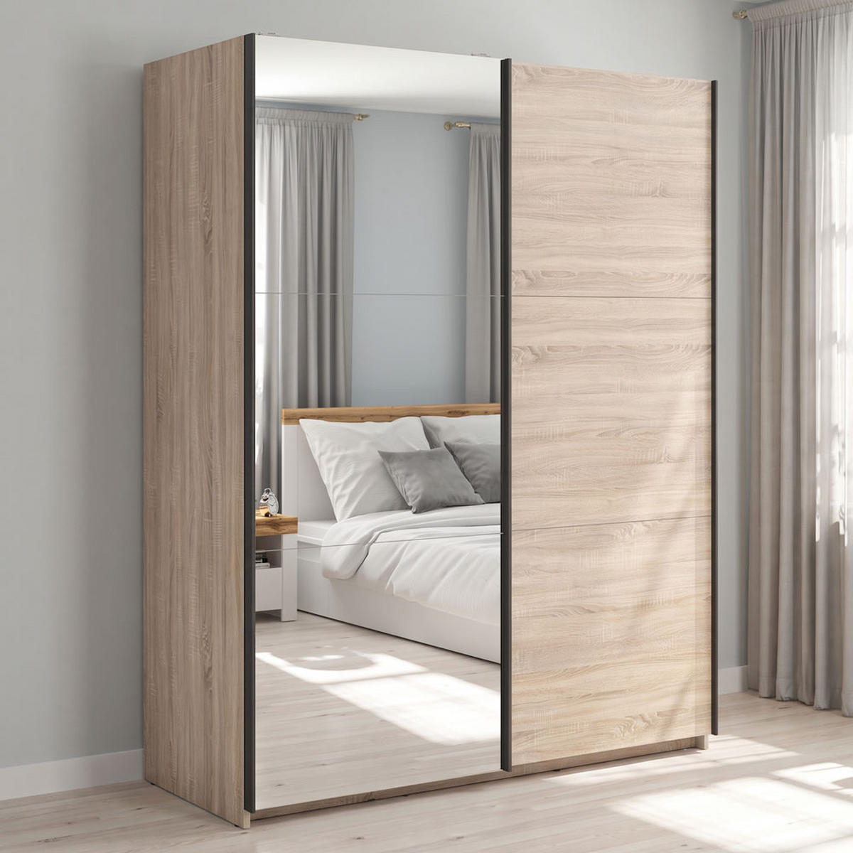 SCHWEBETÜRENSCHRANK Tetrix Eiche Sonoma 153,5 / 60 / 195,5cm - Grau/Sonoma Eiche, Holz/Holzwerkstoff (153.5/195.5/60cm) - Feldmann-Wohnen