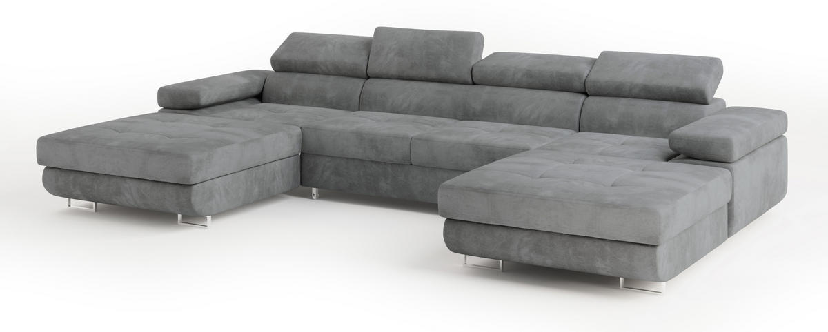 WOHNLANDSCHAFT LYKKE Grau Velours-Stoff mit Schlaffunktion - Grau, Holz (353/90/202cm) - MASSENO