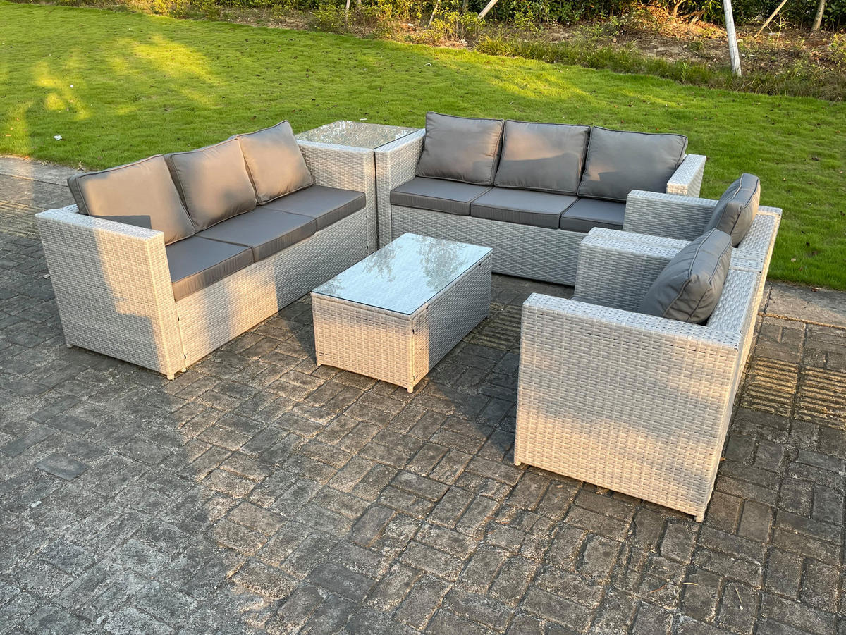 GARTENSOFA SET mit Couchtisch Polyrattan Helles Grau 8-Sitzer - Hellgrau, Metall - Fimous