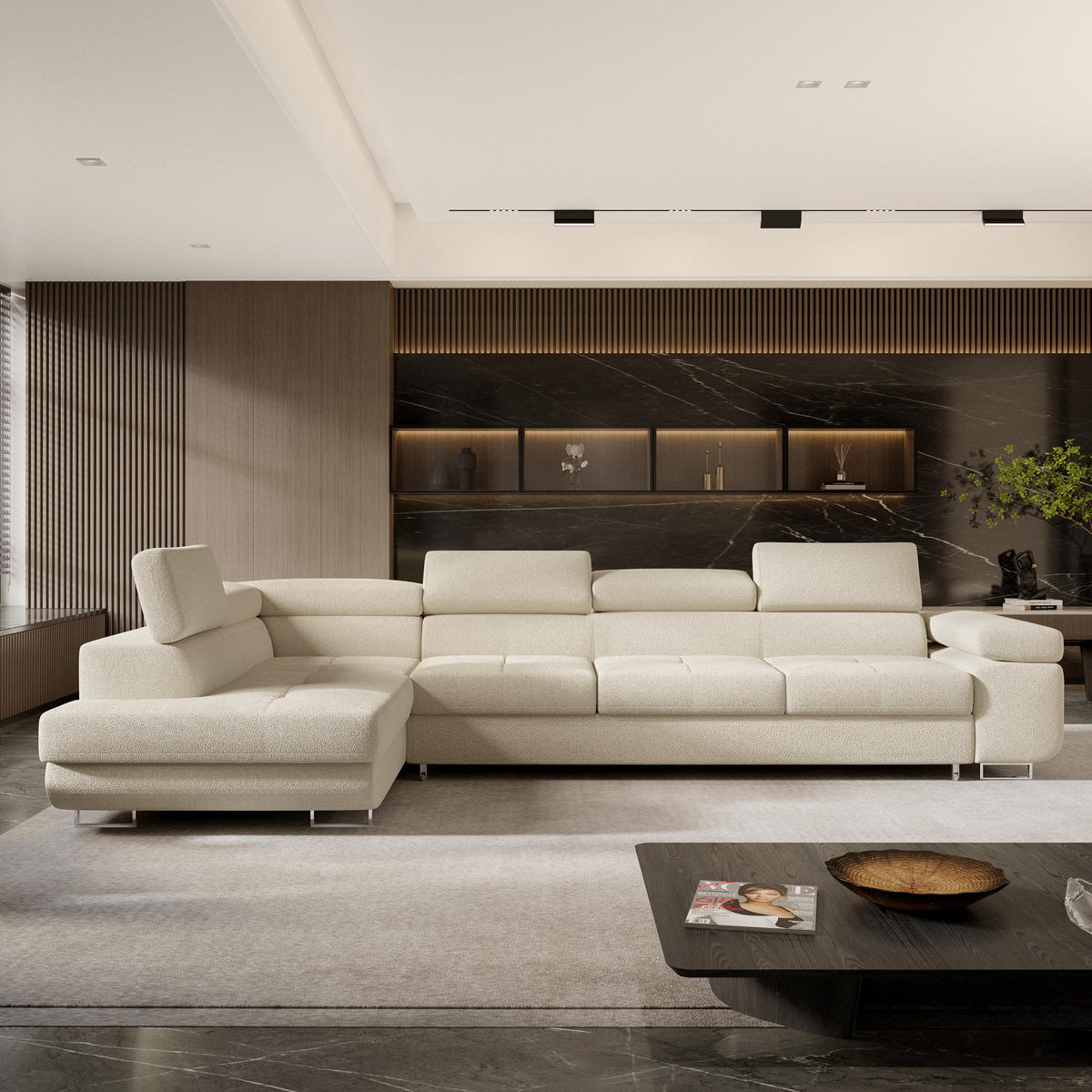 ECKSOFA VICENTE Creme Boucle-Stoff mit Schlaffunktion - Creme, Holz (346/202cm) - MASSENO