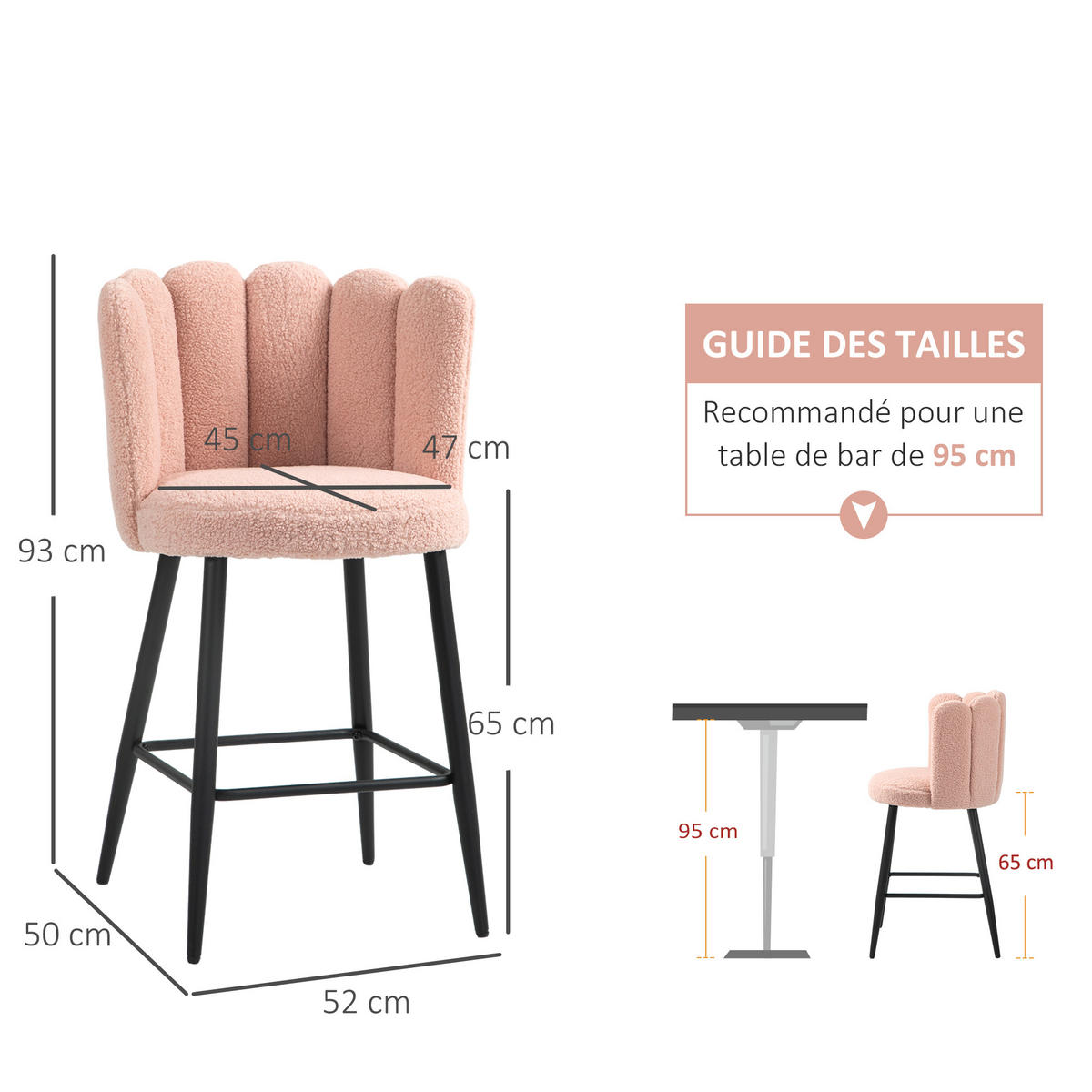 BARHOCKER 2er-Set DE-14780 gepolstert mit Boucle-Bezug & Fußstütze Rosa - Pink, Metall (52/93/53cm) - ComfortXL
