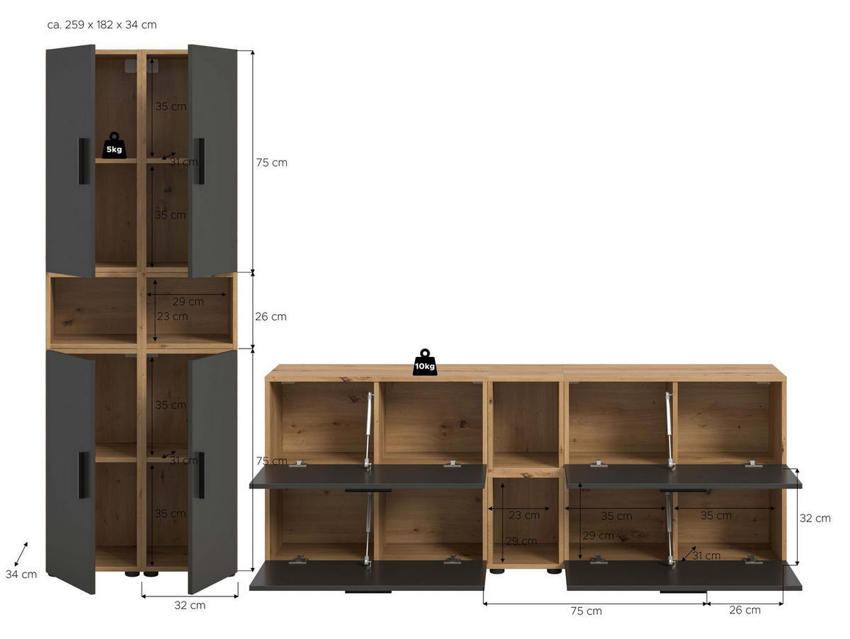 WOHNKOMBINATION THE ONE (B/H/T: ca. 259/182/34 cm) in Artisan Oak Nachbildung/Basalt grau - Eiche Artisan, Holzwerkstoff (259/182/34cm)