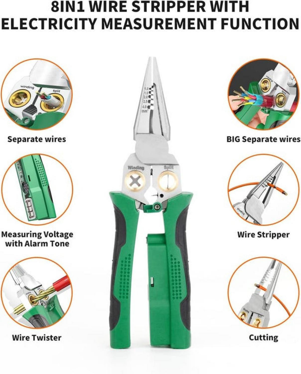 ABISOLIERZANGEN – mit Spannungsprüf-Funktion – zum Schneiden und Abisolieren von Drähten - Grün, Metall (25/8/2cm) - DCA
