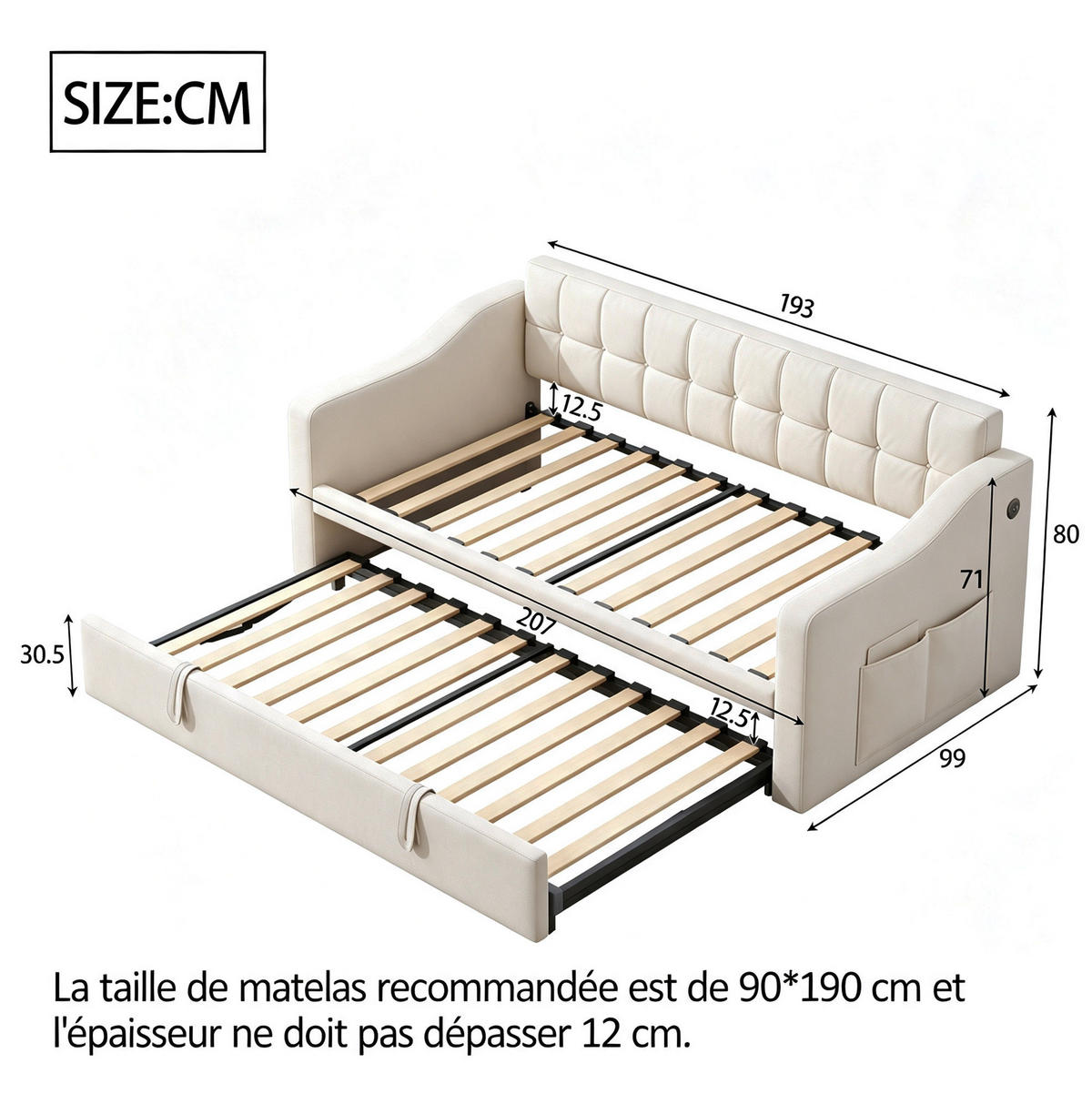 POLSTERBETT Schlafsofa aus Samt 90x190 cm Beige ausziehbar mit USB-Anschlüssen - Beige, Textil (90/190cm) - Modfu