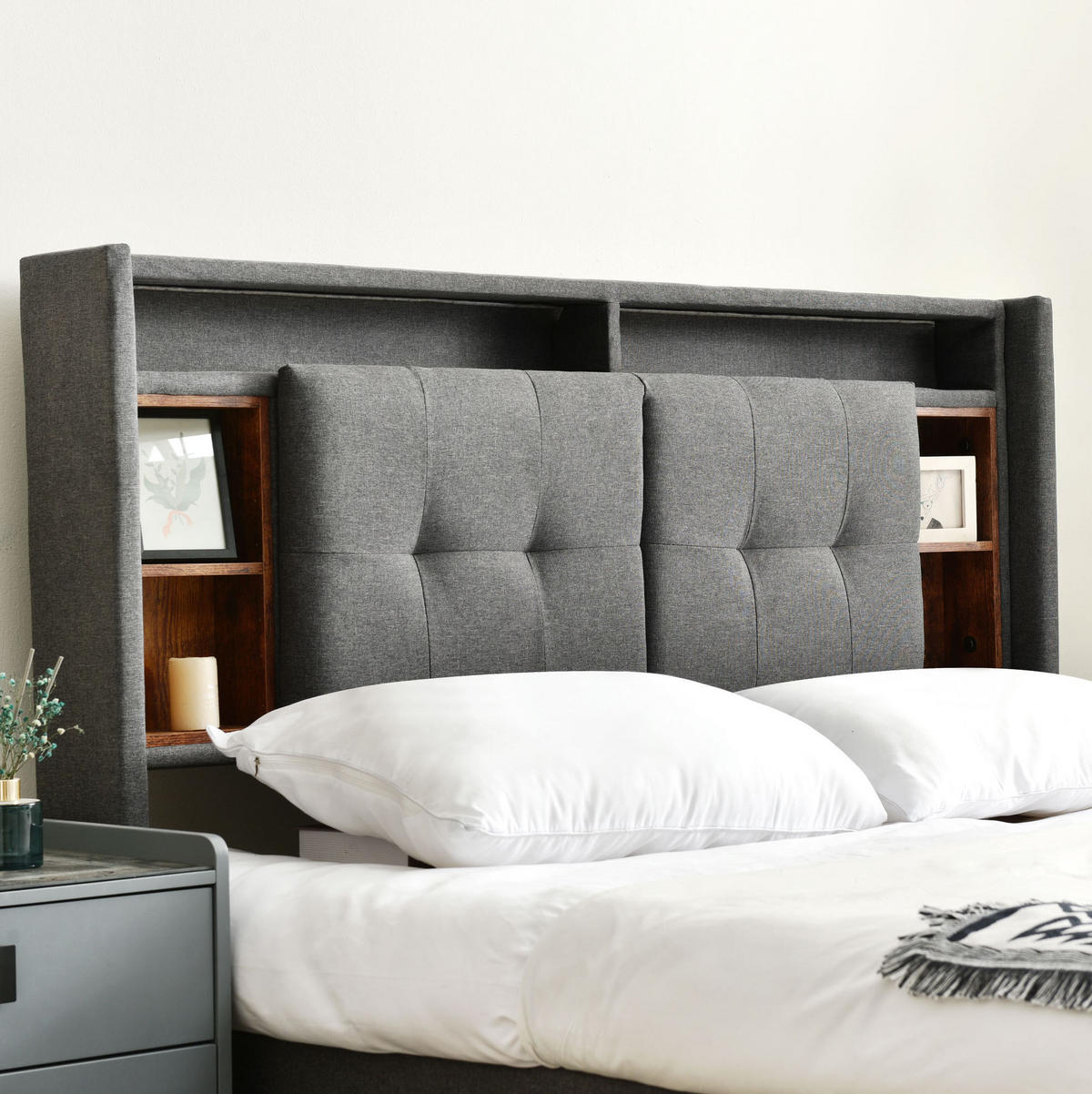 POLSTERBETT 160/200 cm Grau mit Stauraum und USB-Anschlüssen Mit Matratze - Grau, Holz (160/200cm) - OKWISH