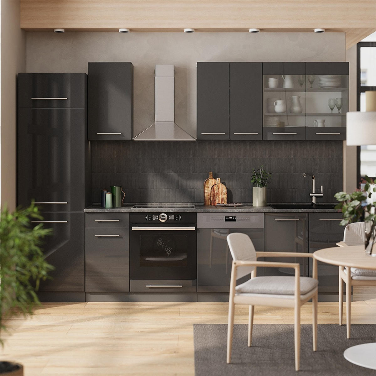 KUCHYNKA Fame-Line Antracit vysoký lesk 300 cm , AP Oak - antracitová/čierna s vysokým leskom, kompozitné drevo (300/206.8/60cm) - Vicco
