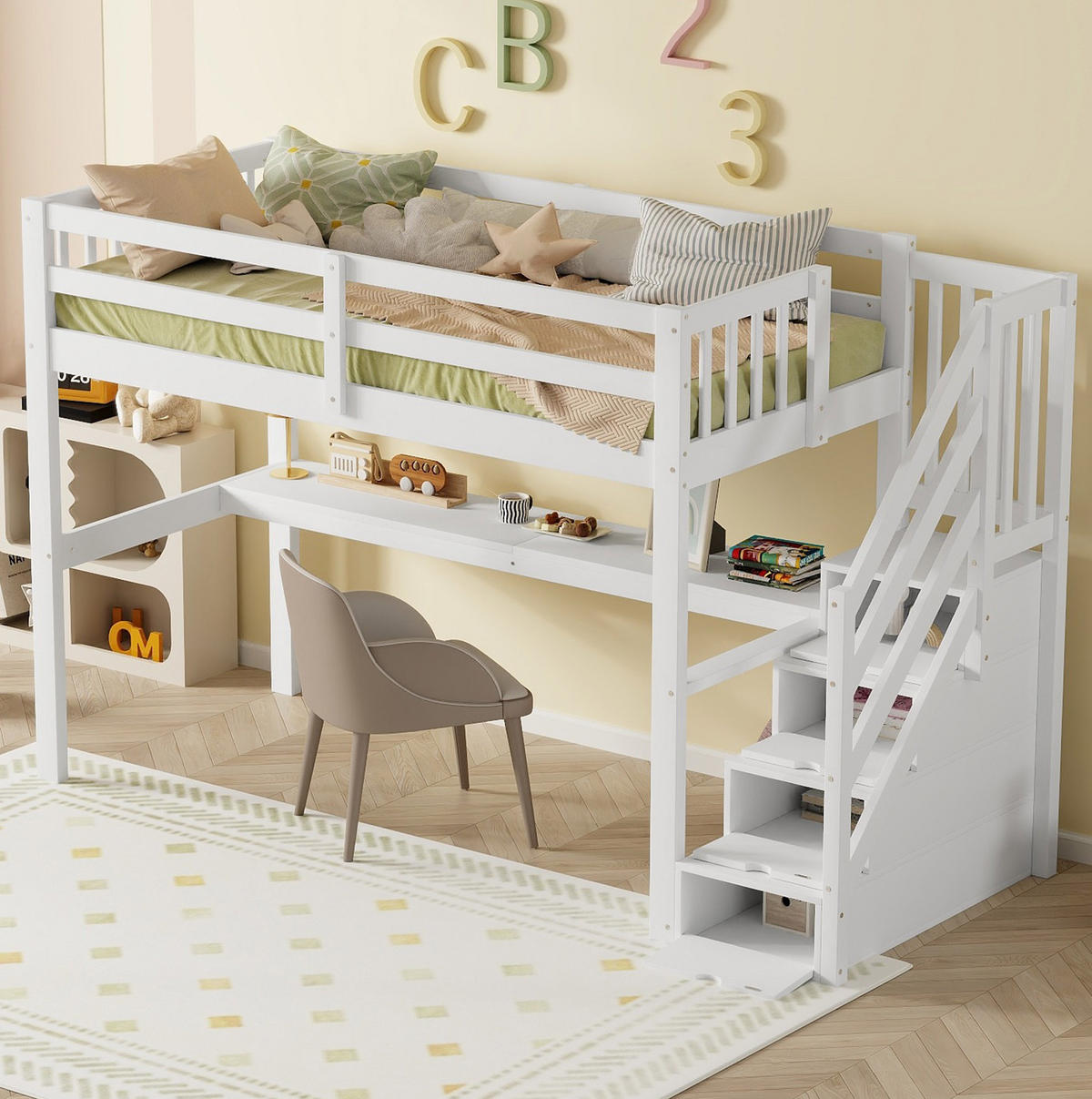 HOCHBETT 90/200 cm Weiß aus Kiefernholz und MDF mit Stauraum und Schreibtisch - Weiß, Holz (90/200cm) - OKMYHOME