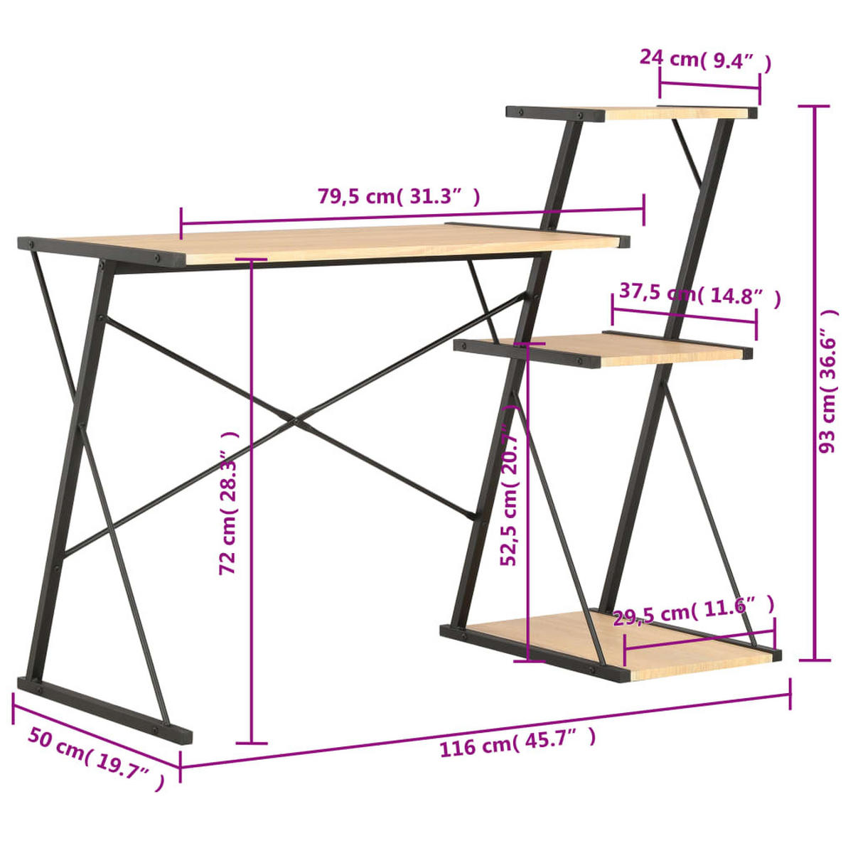 COMPUTERTISCH mit Regal 116/50/93 cm aus Holzwerkstoff, Stahl Schwarz, Eichenoptik - Schwarz/Naturfarben, Holz (50/116/93cm) - vidaXL