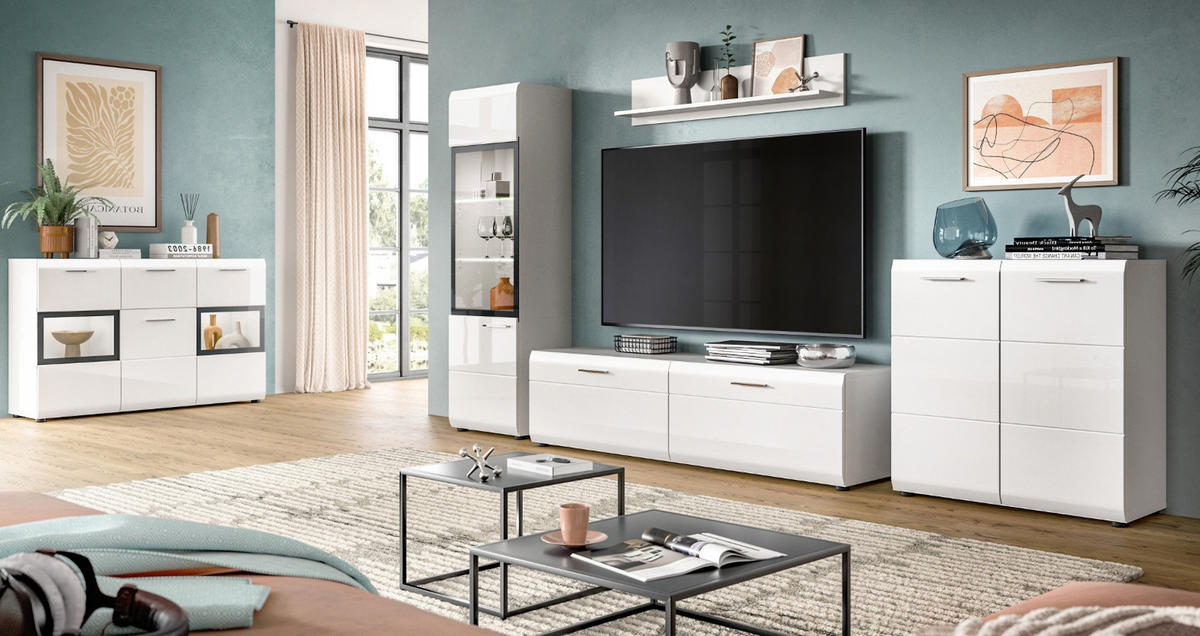 WOHNWAND weiß Hochglanz 3-teilig 255 cm, Schrankwand modernes Design - Weiß Hochglanz/Silberfarben, Glas/Holzwerkstoff (255/160/41cm) - Inn.Furn