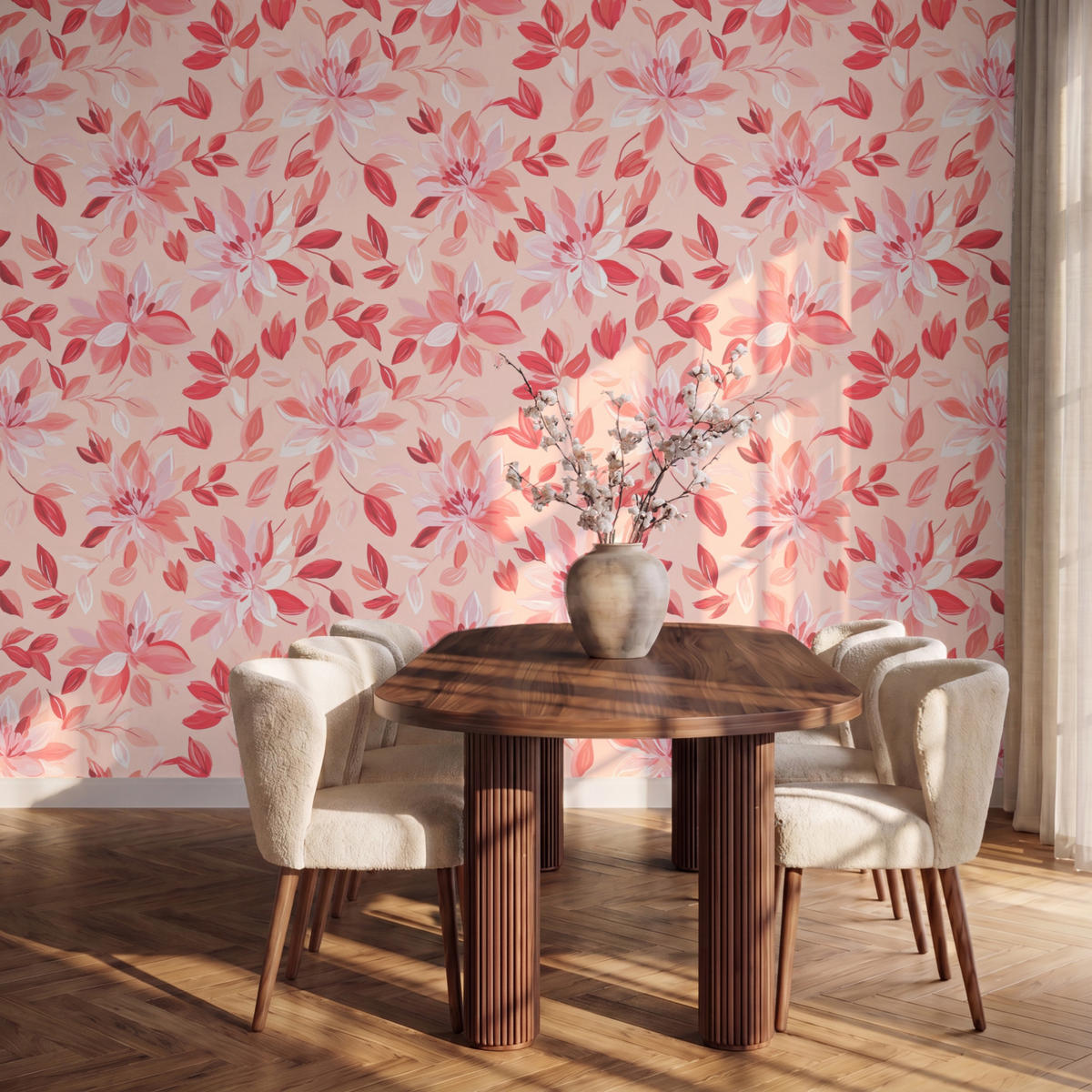 TAPETE - Botanisch - Blumen - Rot - 300x220 cm - Koralle, Papier (300/220cm) - OnlyWow