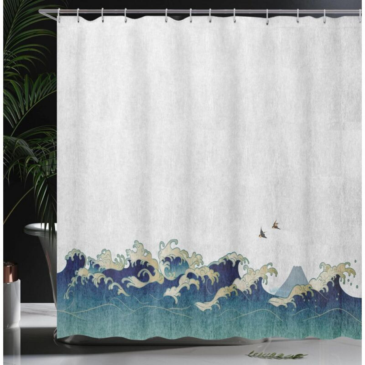 DUSCHVORHANG SET japanisch Stoff Creme Grau Blau Dekor Badezimmer mit Haken - Blau, Textil (180/180cm) - MCBOSON