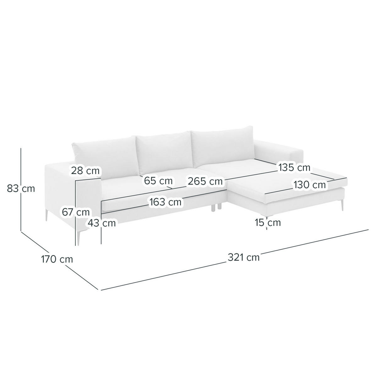 ECKSOFA mit Longchair - Beige, Textil/Metall (321/170cm) - home24