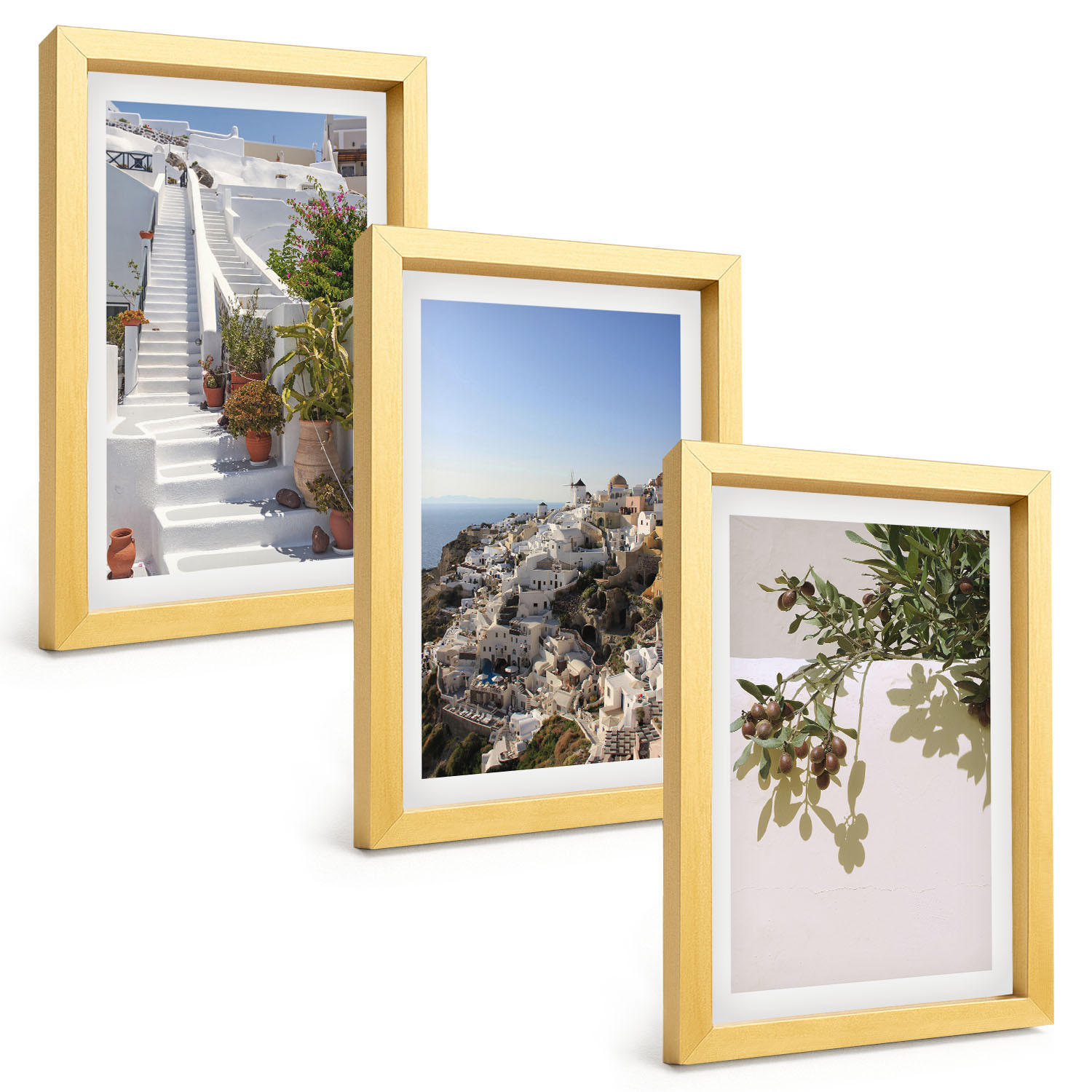 BILDER SET 3er Set - 20x30 cm Goldrahmen - Weiße Treppe mit Blick auf Santorini - Goldfarben, Kunststoff (20/30cm) - TULUP