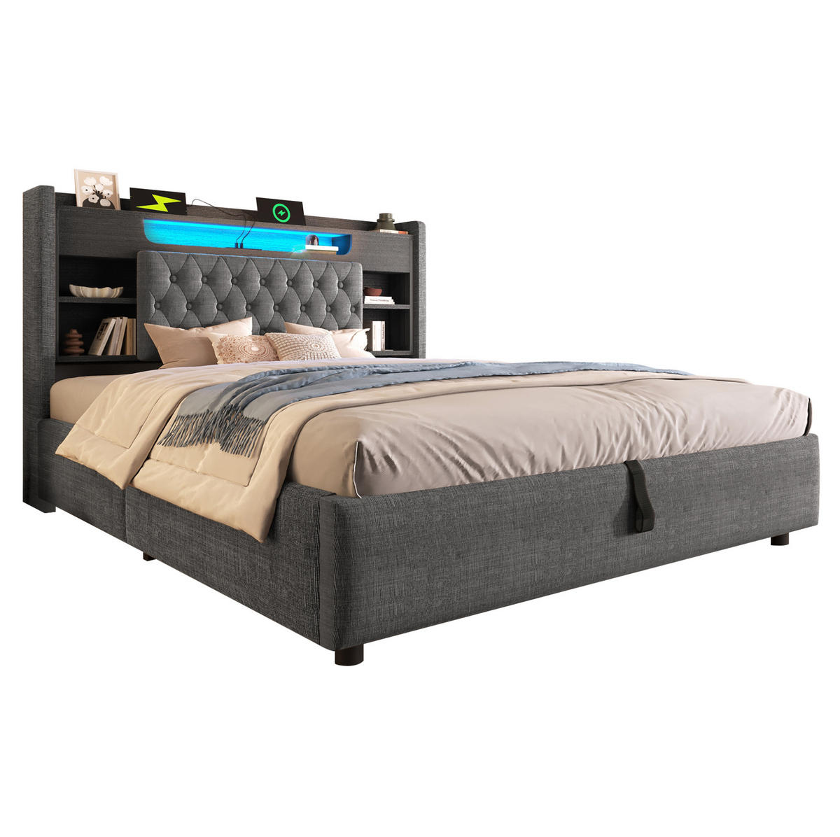 ČALOUNĚNÁ postel 180/200 cm s LED osvětlením, USB-C a hydraulickým úložným prostorem, šedá - šedá, textil (180/200cm) - Redom
