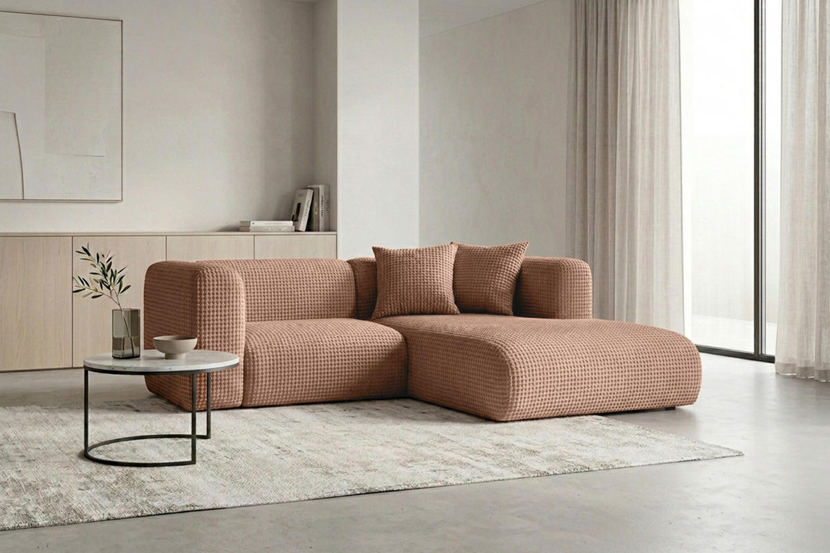 ECKSOFA L-Form mini, Chenille-Stoff Cremona, Hellbraun, Rechts, GRETA - Hellbraun, Holz (226/179cm) - Kaiser Möbel