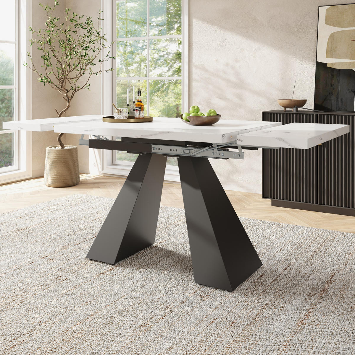 ESSTISCH 99-159x74x77 cm in Weiß und Schwarz aus MDF mit Marmoroptik auf stabilen Carbonstahl-Beinen ausziehbar - Weiß, Holzwerkstoff (74/159/77cm) - Modfu