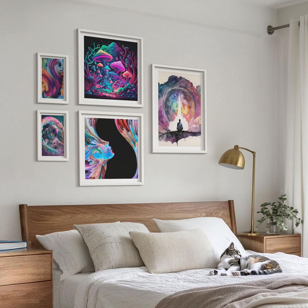 BILDER SET 5er Set - 50x50 cm & 20x30 cm & 40x60 cm Weißer Rahmen - Farbenfrohe Fantasy-Kunstillustrationen - Weiß, Kunststoff (40/60cm) - TULUP