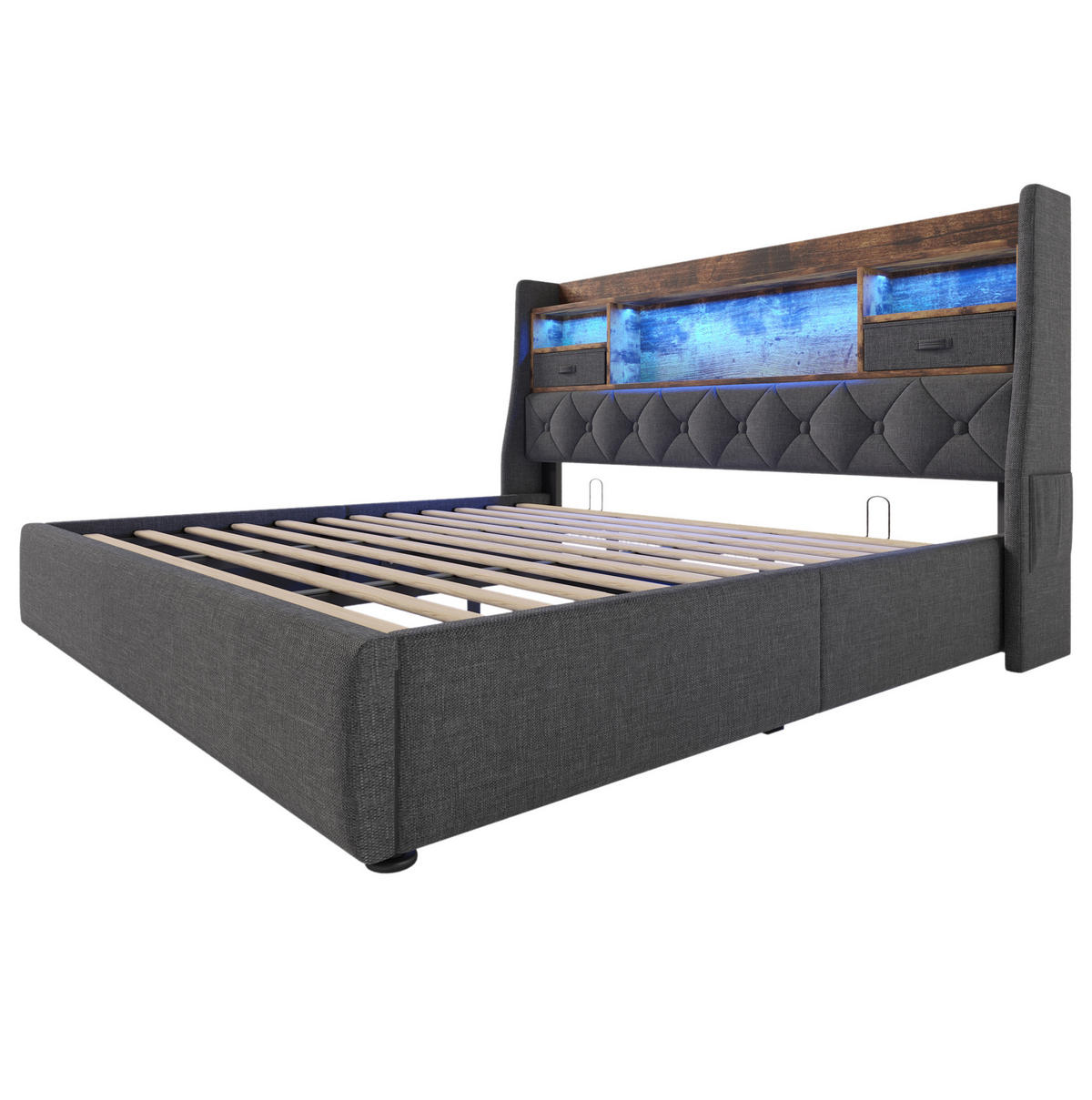 BETT mit Stauraum 180x200 cm Leinen Grau mit LED & Ladestation - Grau, Metall (180/200cm) - Meubliv