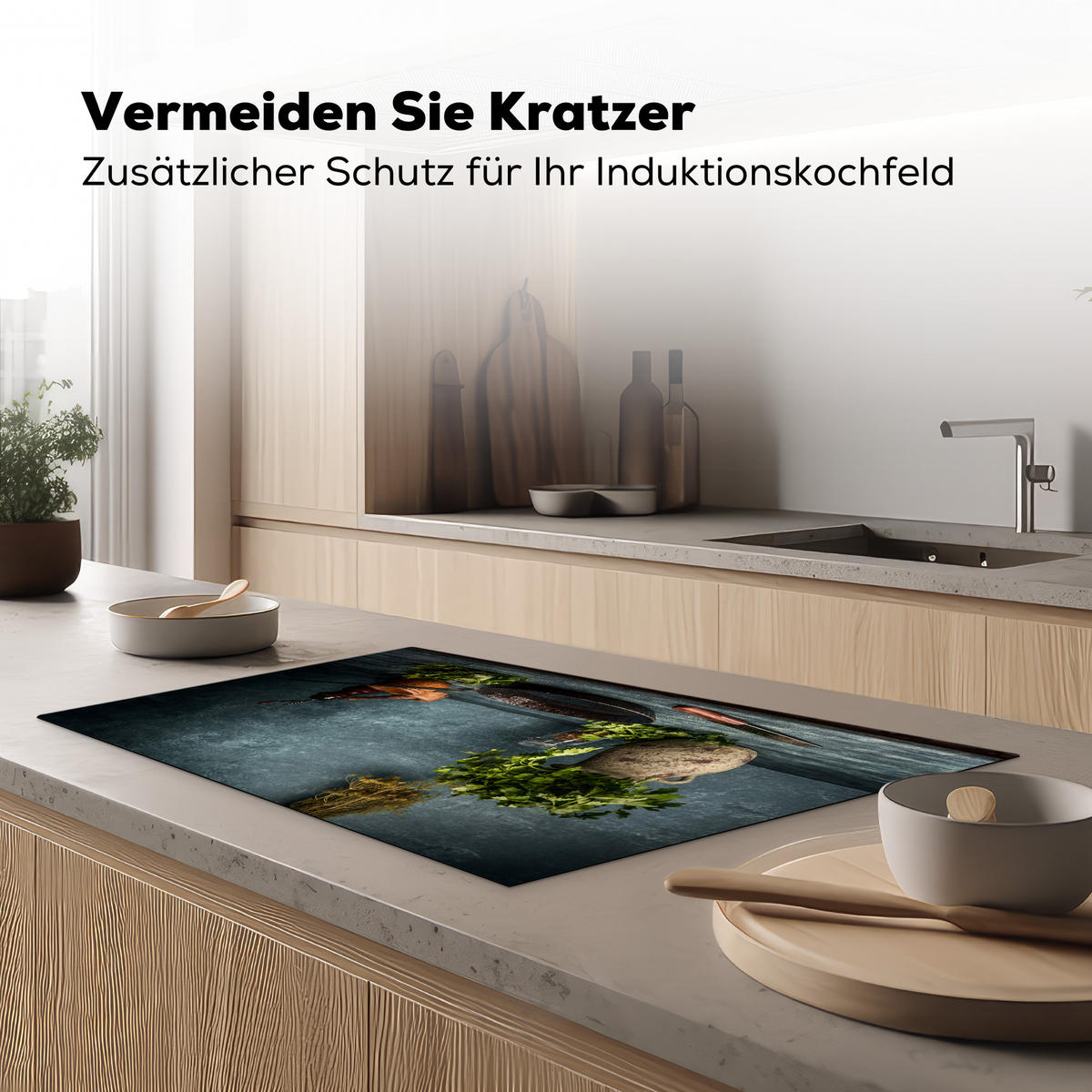 HERDABDECKPLATTE Kräuter - Gewürze - Pfanne - Messer - Grau - Rustikal Induktionsmatte 83x51 cm - Petrol, Kunststoff (83/51.5/0.2cm) - MuchoWow