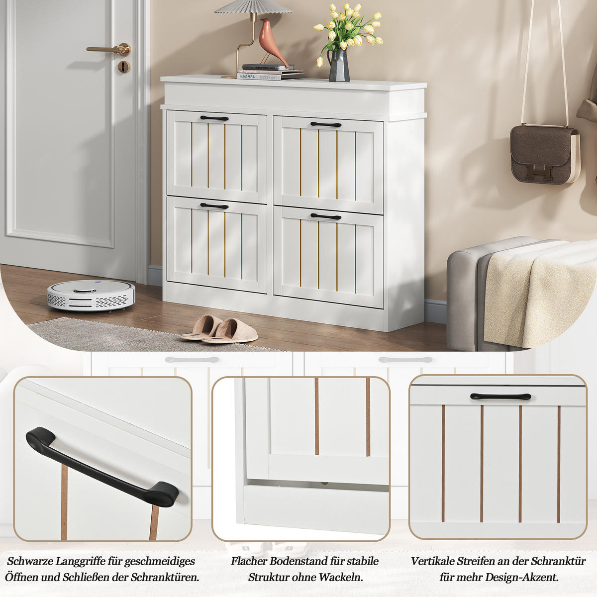SCHUHSCHRANK in Weiß mit 4 Kipptüren mit 8 Fächern für Flur, B105/T24/H83 cm - Weiß, Holzwerkstoff (105/83/24cm) - STILVORA