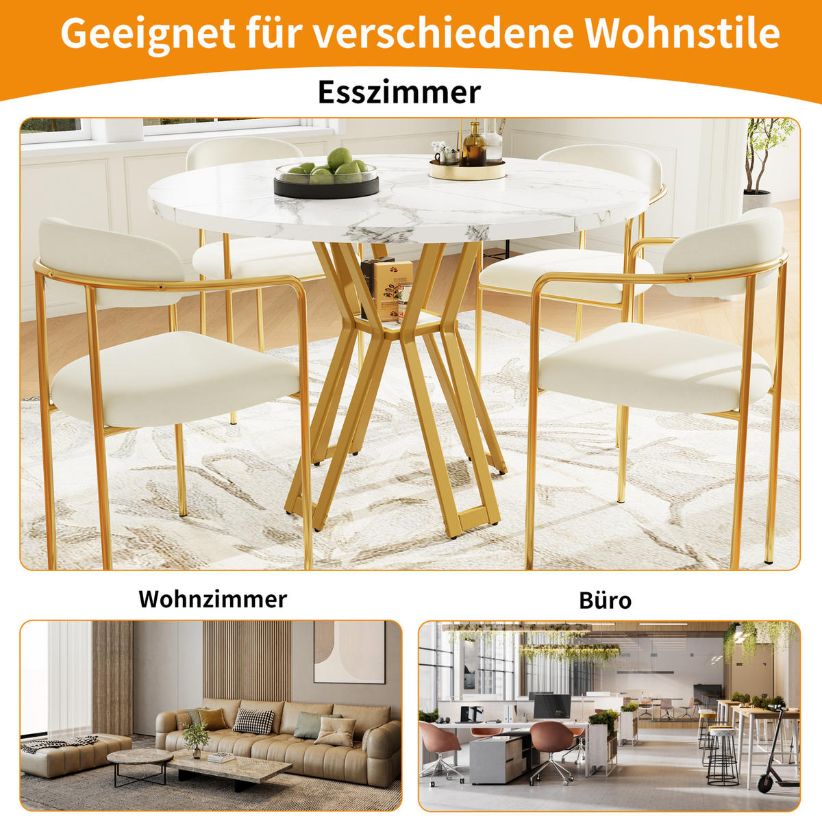 ESSTISCH, MDF in Marmoroptik & Metallgestell, 100/100/76 cm, Gold/Weiß - Goldfarben, Holzwerkstoff (100/100/76cm) - Redom