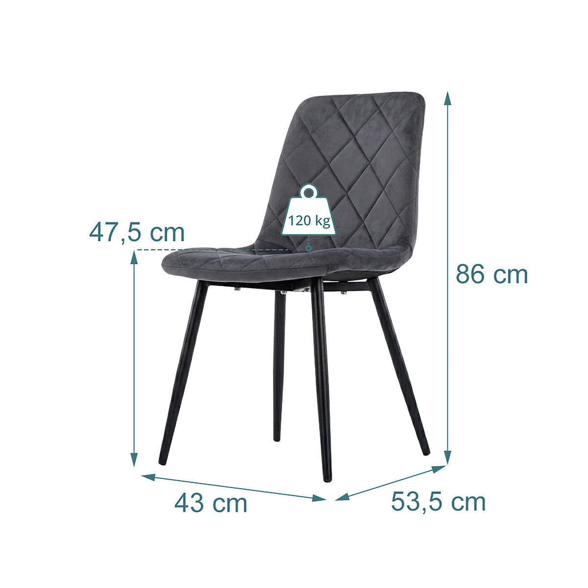 STOL Antracit 4-delni-set žamet kovinske noge - antracit, kovina/tekstil (43/86/53.5cm) - Relaxdays