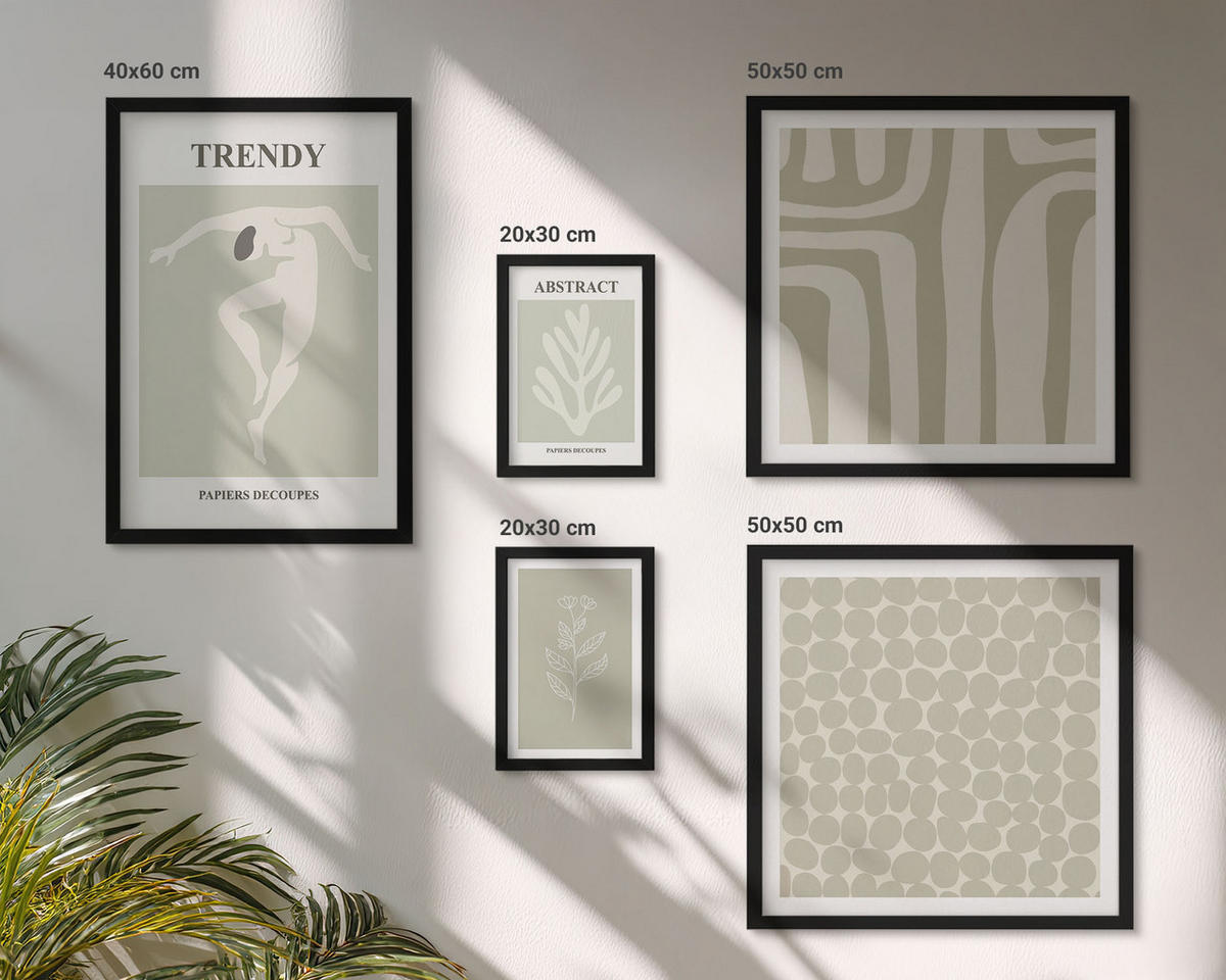 WANDBILDER 5er-Set - 50x50 cm & 20x30 cm & 40x60 cm Schwarzer Rahmen - Pflanzen- und geometrische Muster - Schwarz, Kunststoff (40/60cm) - ArtPrintCave