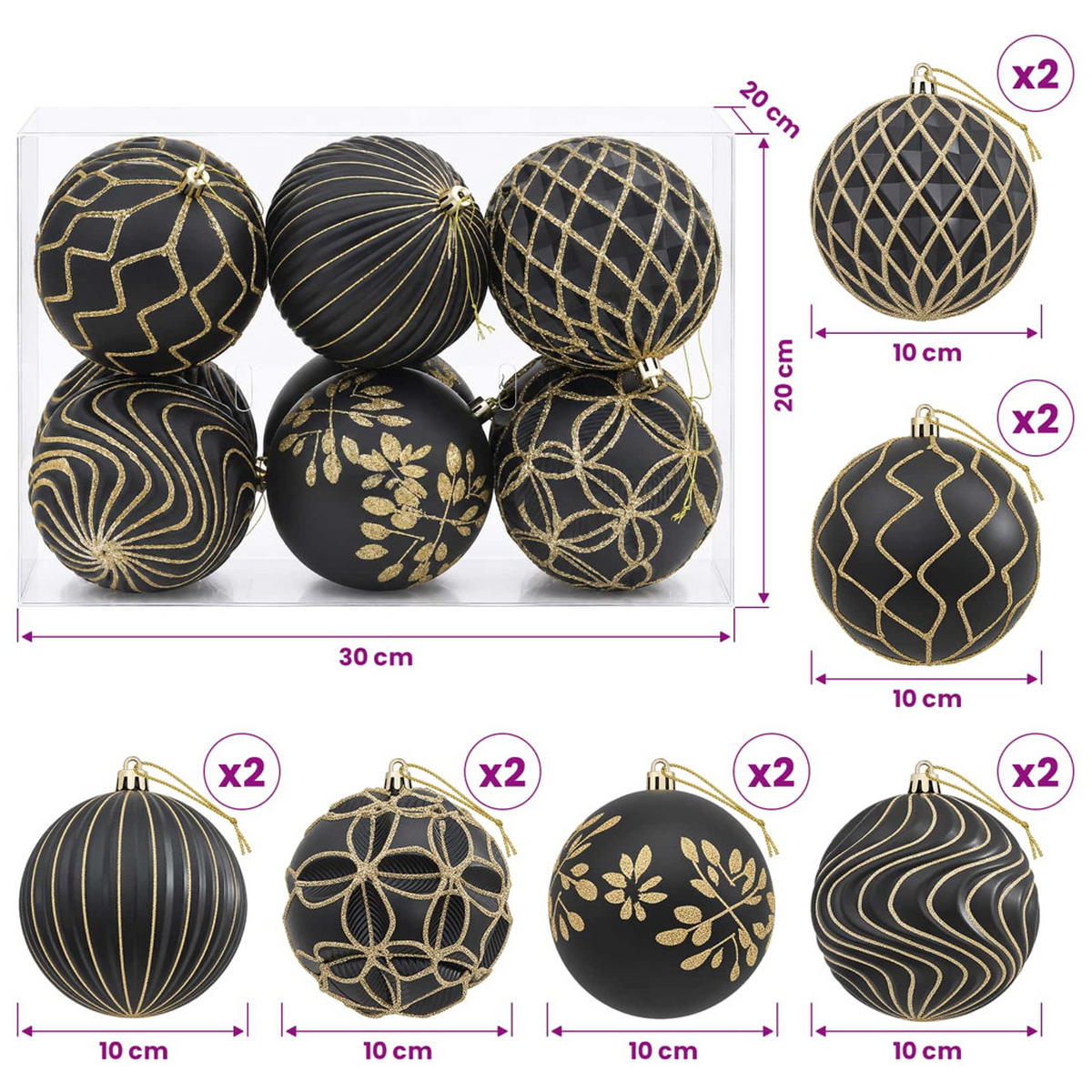 WEIHNACHTSKUGELSET XL 12 -teilig 10 cm Schwarz Polystyrol - Schwarz, Kunststoff (10/10/10cm) - vidaXL