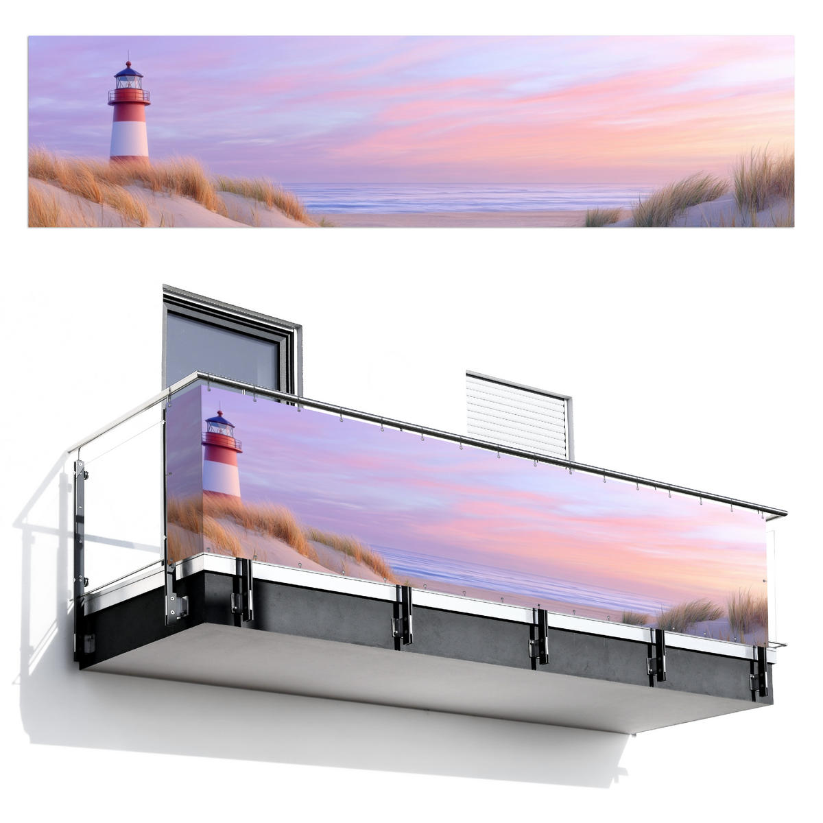 BALKON-SICHTSCHUTZ Leuchtturm - Dünen - Sonnenuntergang 500x120 cm - Hellrosa, Kunststoff (500/120cm) - MuchoWow
