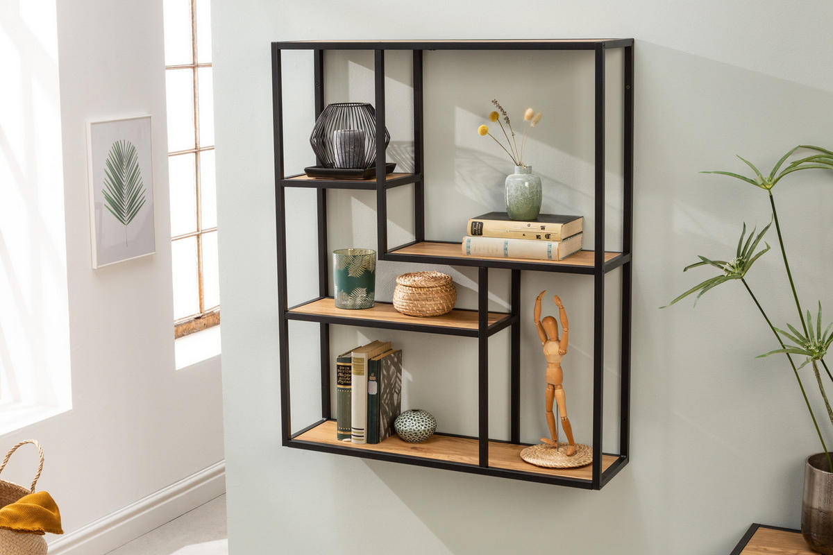 WANDREGAL SLIM LINE Schichtholz Natur 90 cm - Schwarz/Braun, Holzwerkstoff/Metall (75/91/20cm) - riess-ambiente