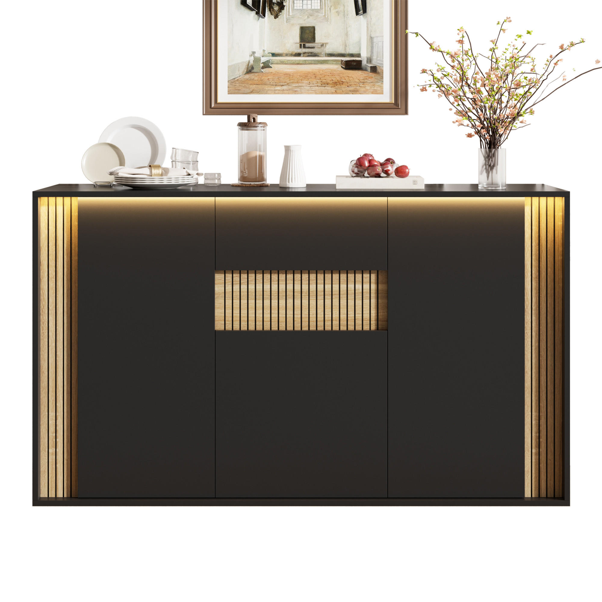 Flieks Sideboard Schwarz, Natur 140x82x40 cm