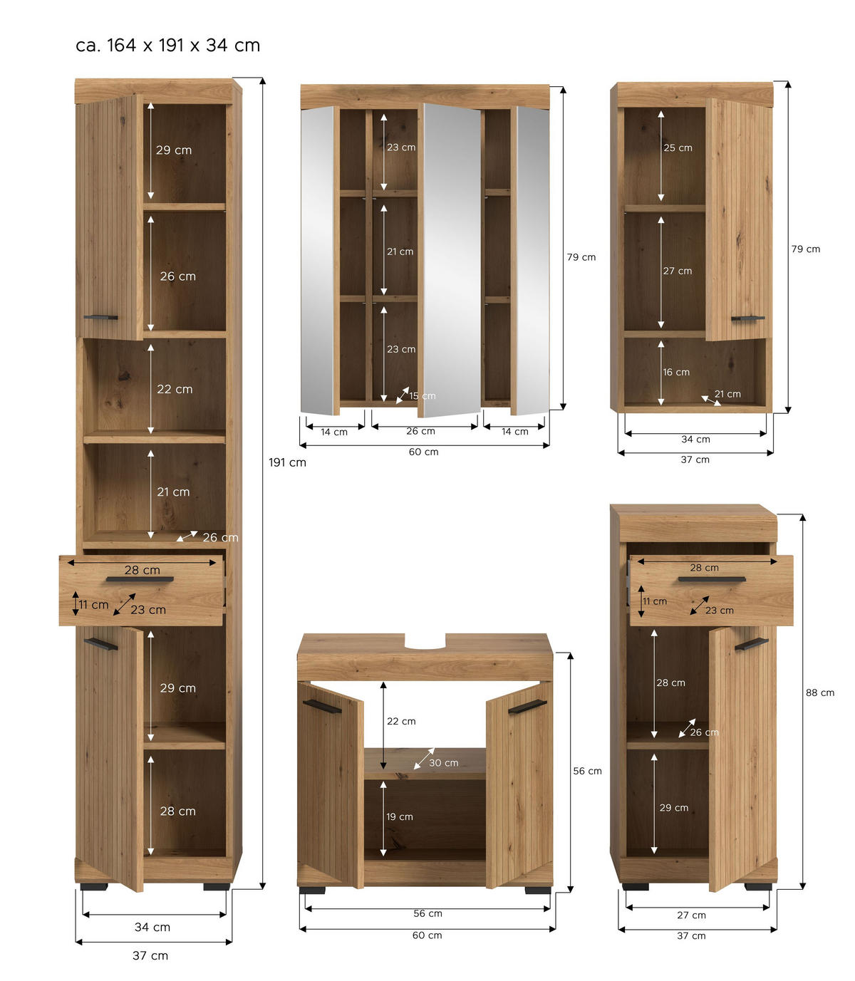 BADEZIMMER Vento (B/H/T: ca. 164/191/34 cm) 5-tlg. in Artisan Eiche /Artisan Eiche - Eiche Artisan, Holz (164/191/34cm)