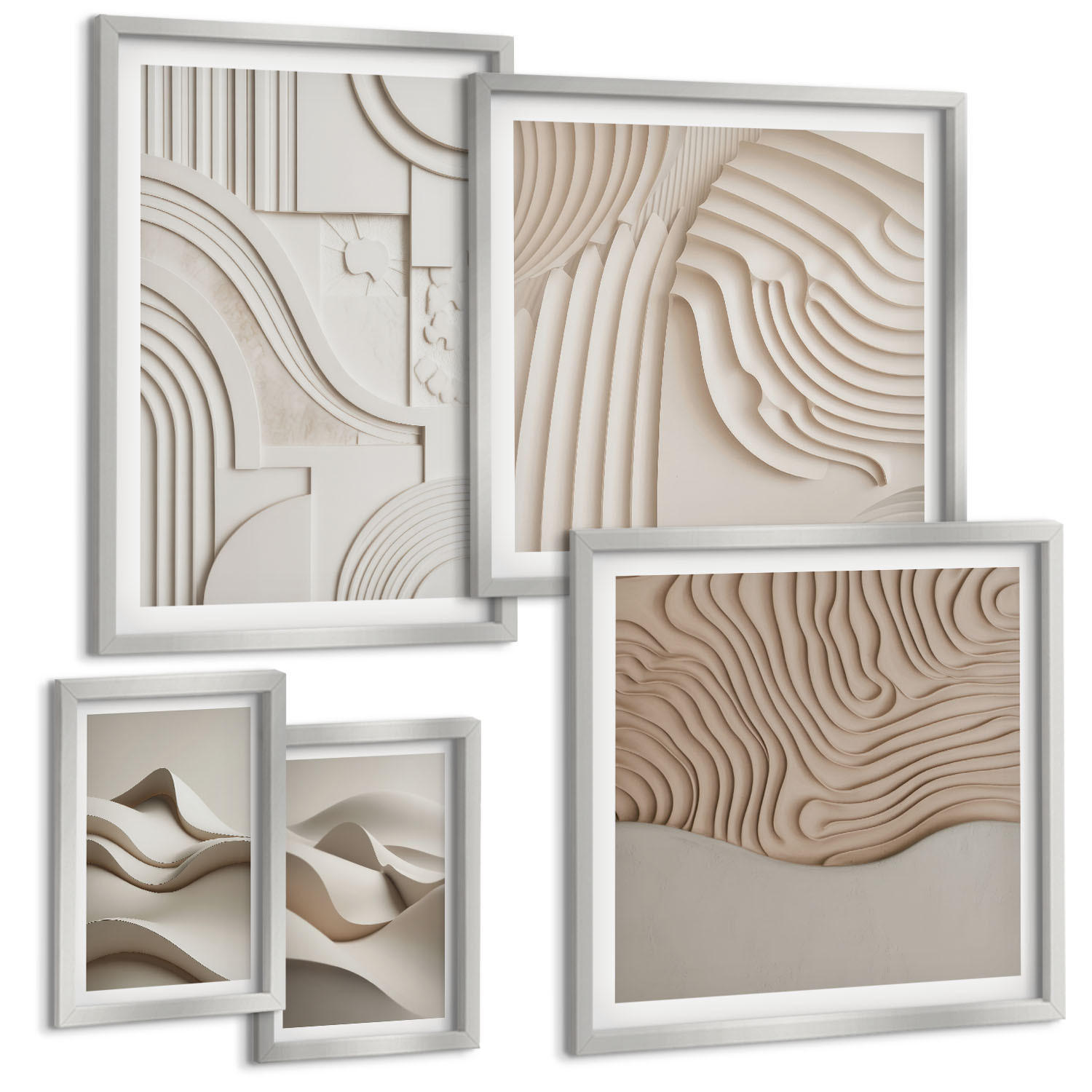 BILDER SET 5er Set - 50x50 cm & 20x30 cm & 40x60 cm Silberner Rahmen - Abstrakte beige Wellen - Silberfarben, Kunststoff (40/60cm) - TULUP