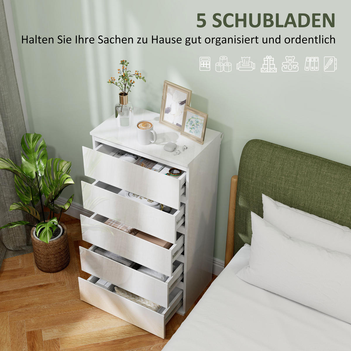KOMMODE Schubladenschrank Sideboard mit 5 Schubladen, Weiß, 55 x 34 x 100 cm - Weiß, Holzwerkstoff (55/100/34cm) - HOMCOM