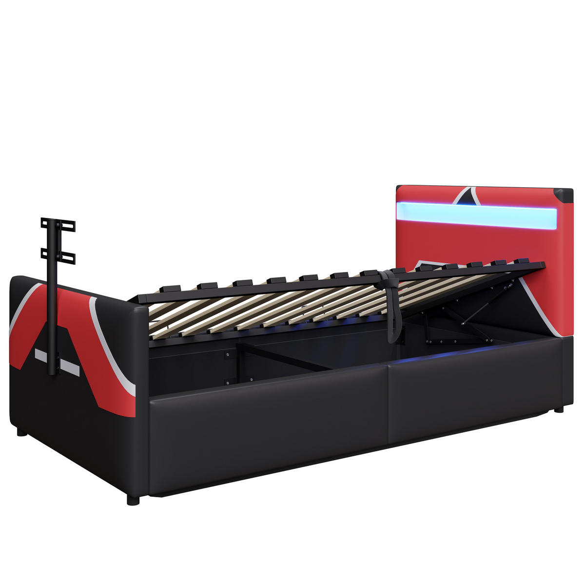 POLSTERBETT 90/200 cm Schwarz mit LED-Beleuchtung mit Stauraum und TV-Halterung PU-Leder - Schwarz, Kunststoff (90/200cm) - OKWISH